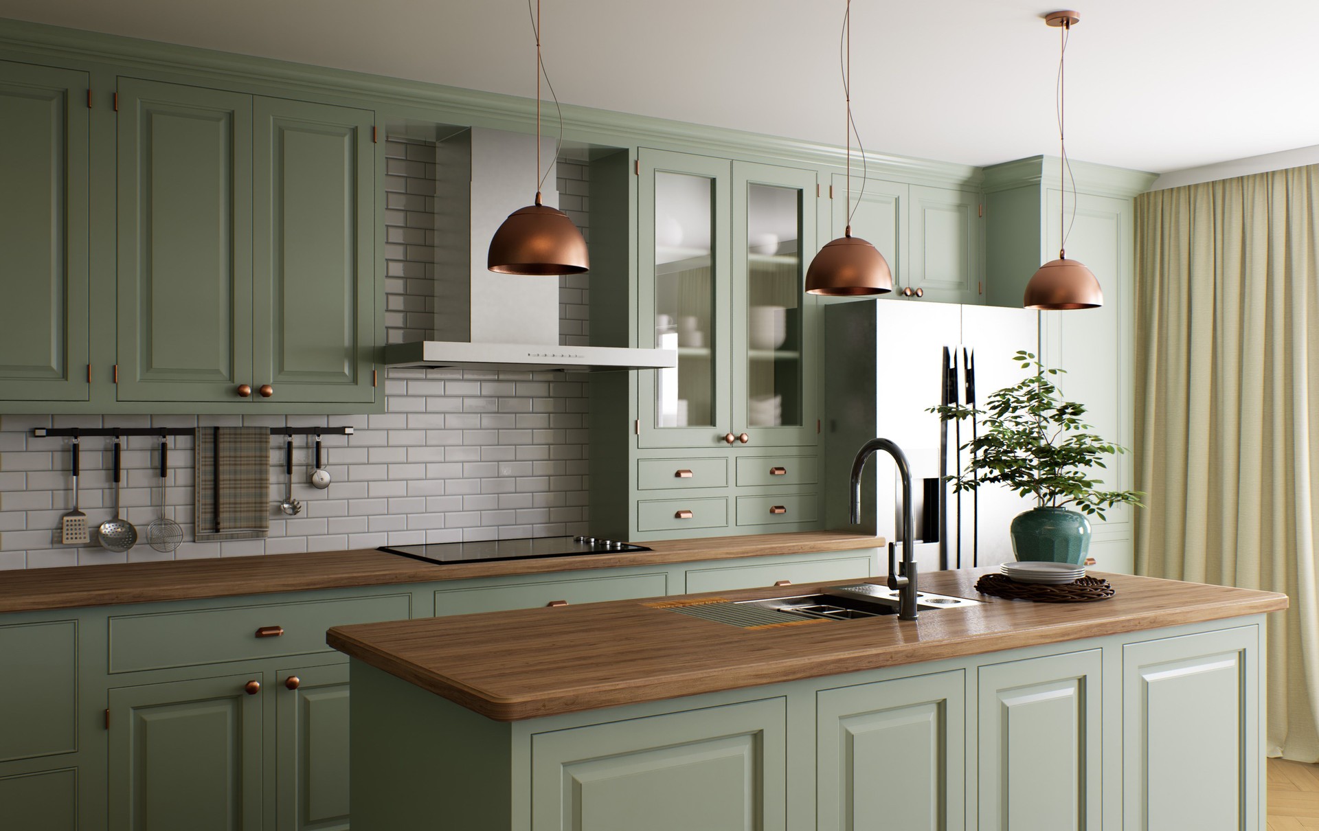 Green kitchen interior with island. Stylish kitchen with wooden worktops. Cozy olive kitchen with utensils and appliances. Close-up of a dining table in the background of the kitchen. 3D visualization
