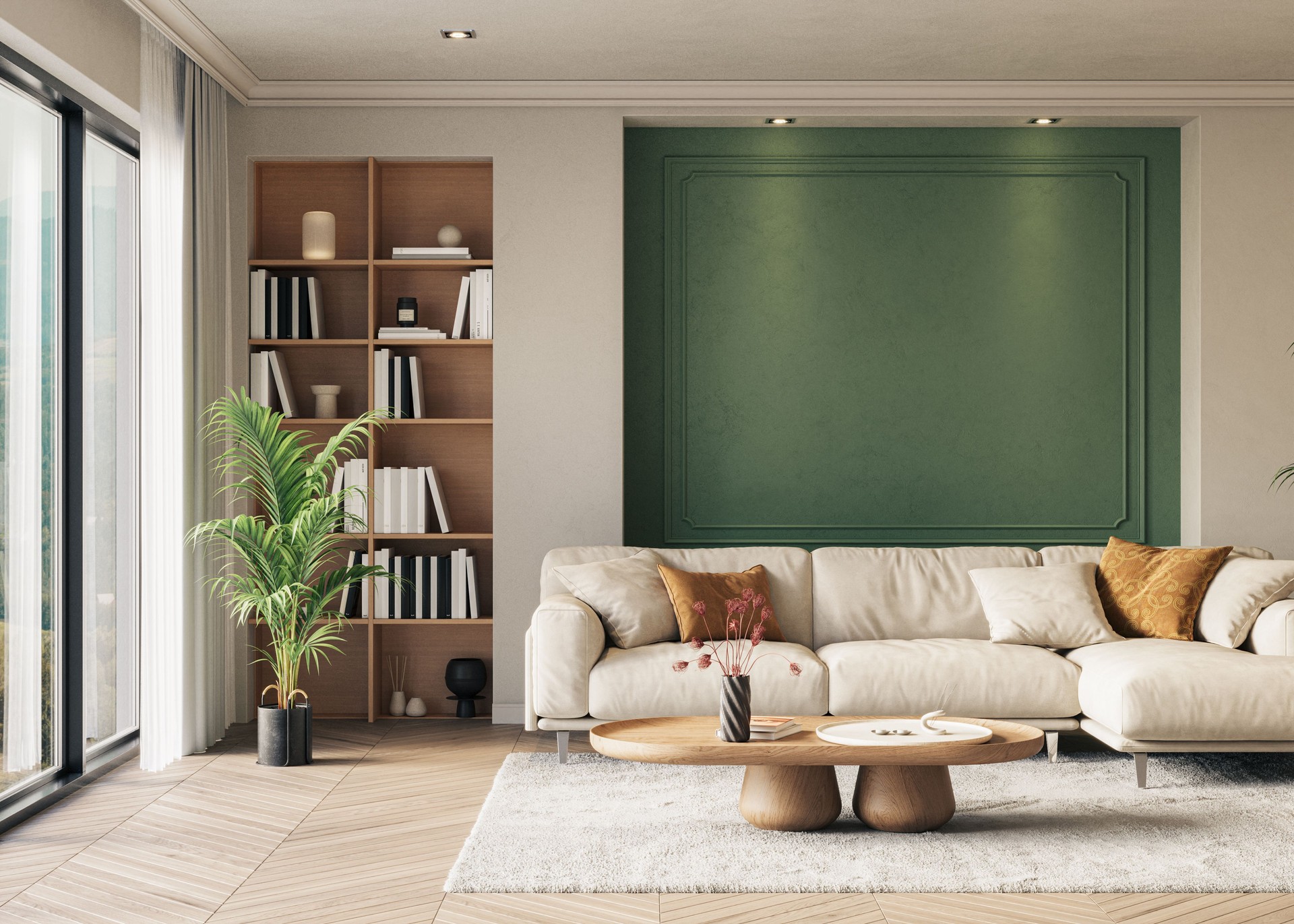 A stylish living room interior featuring modern designer furniture and elegant accessories, rendered in 3D